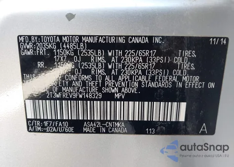 2015 Toyota Rav4 Xle from USA, damaged, VIN 2T3WFREV9FW148329